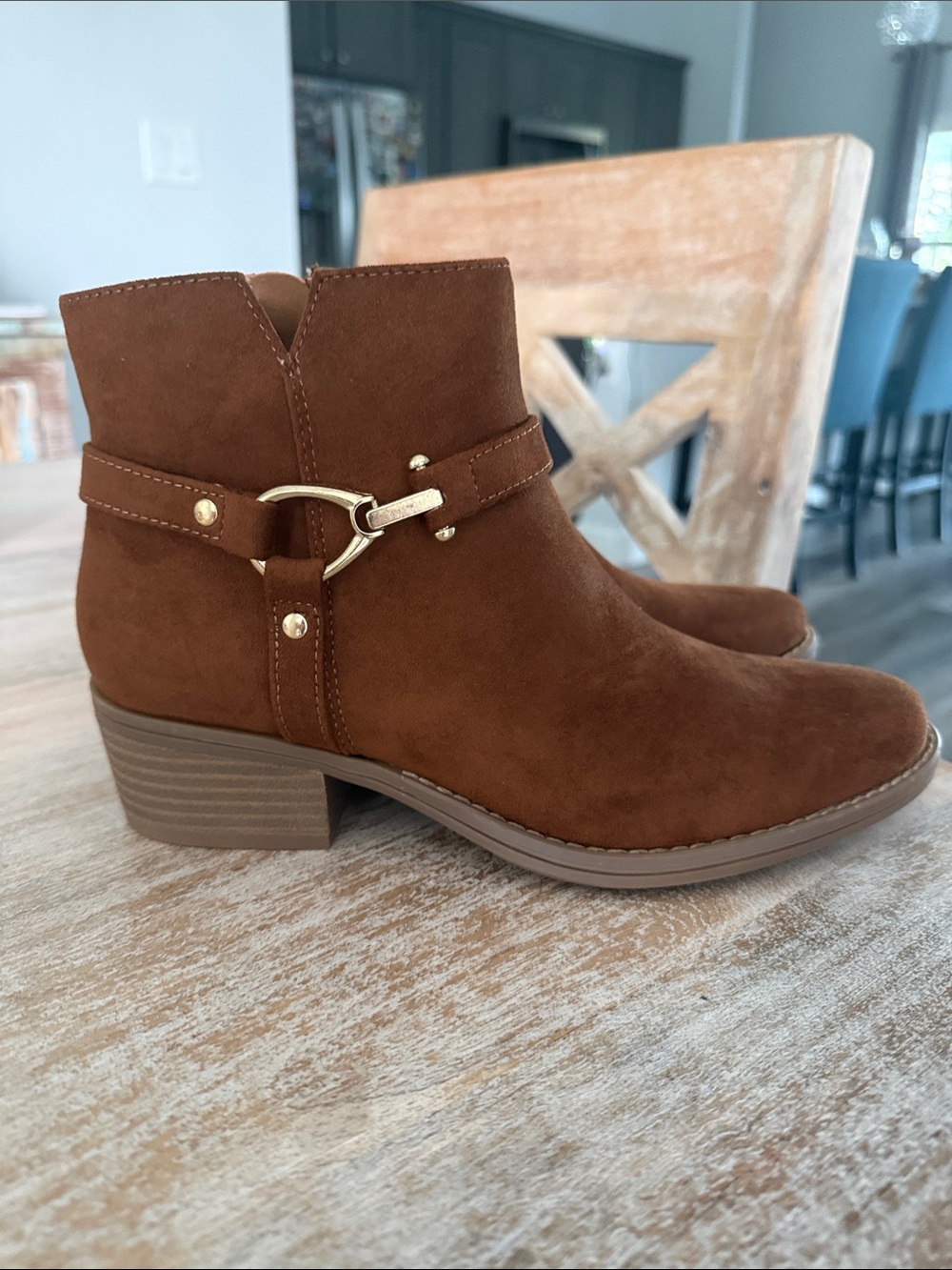 White Mountain Chestnut Suede Ankle Boot with Gold Buckle